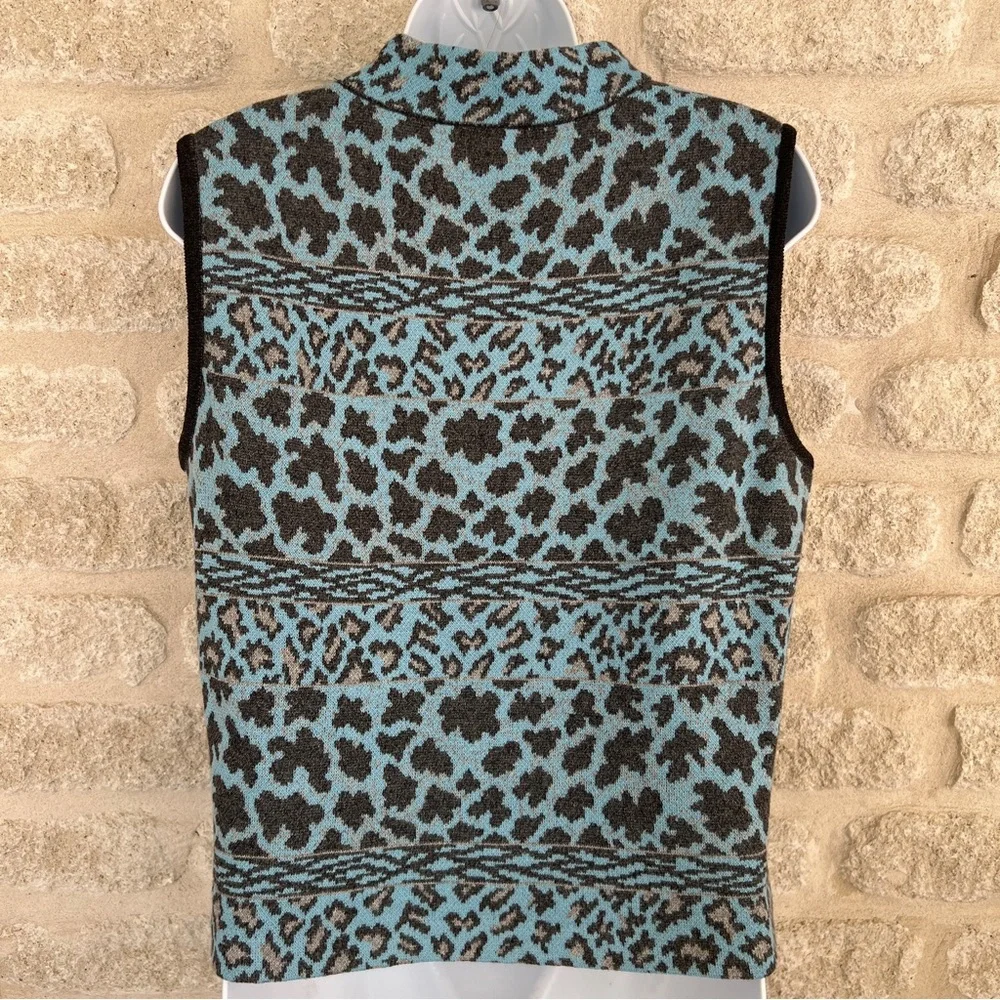 St John vintage mock neck leopard sleeveless sweater Santana M blue gray
